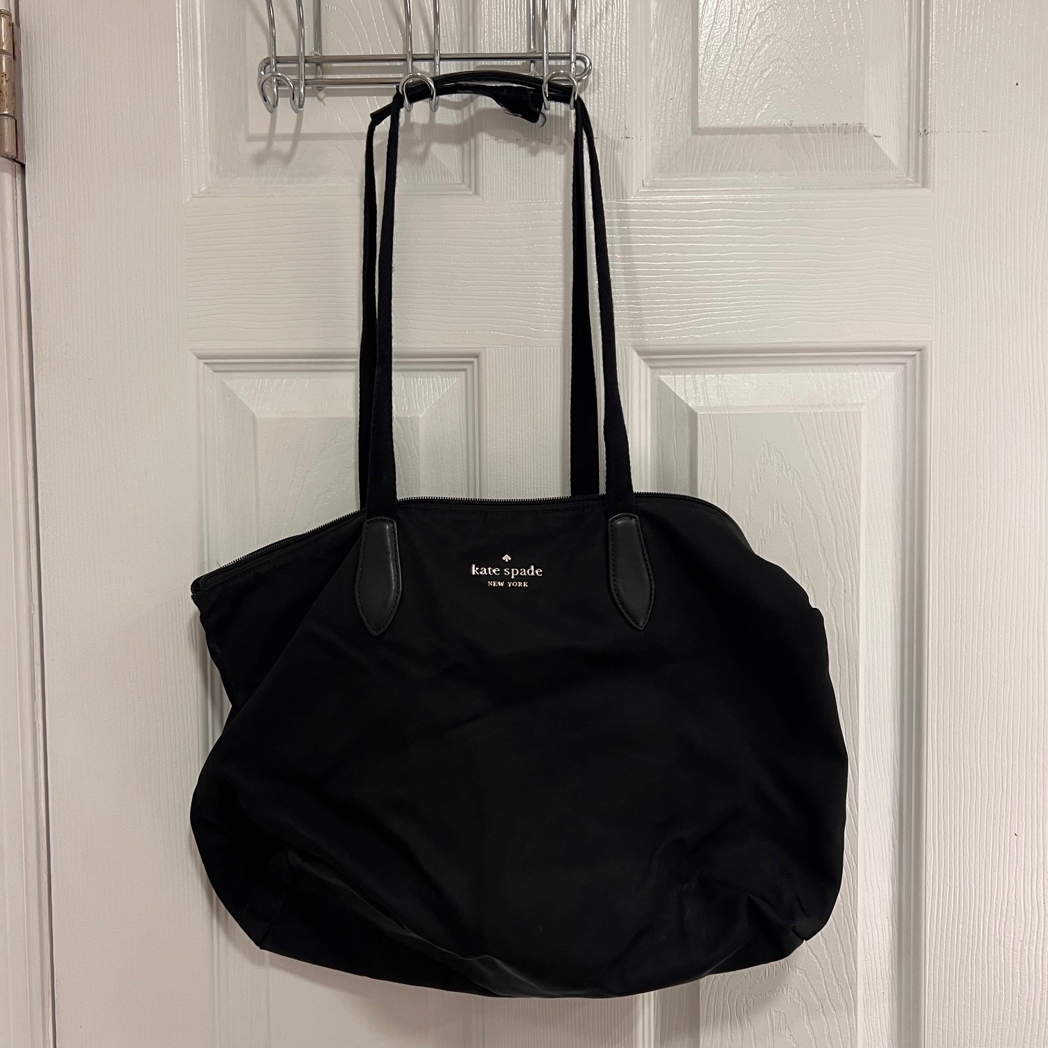 Kate Spade New York Black Nylon Tote Shoulder Bag Gold Logo Zip Top